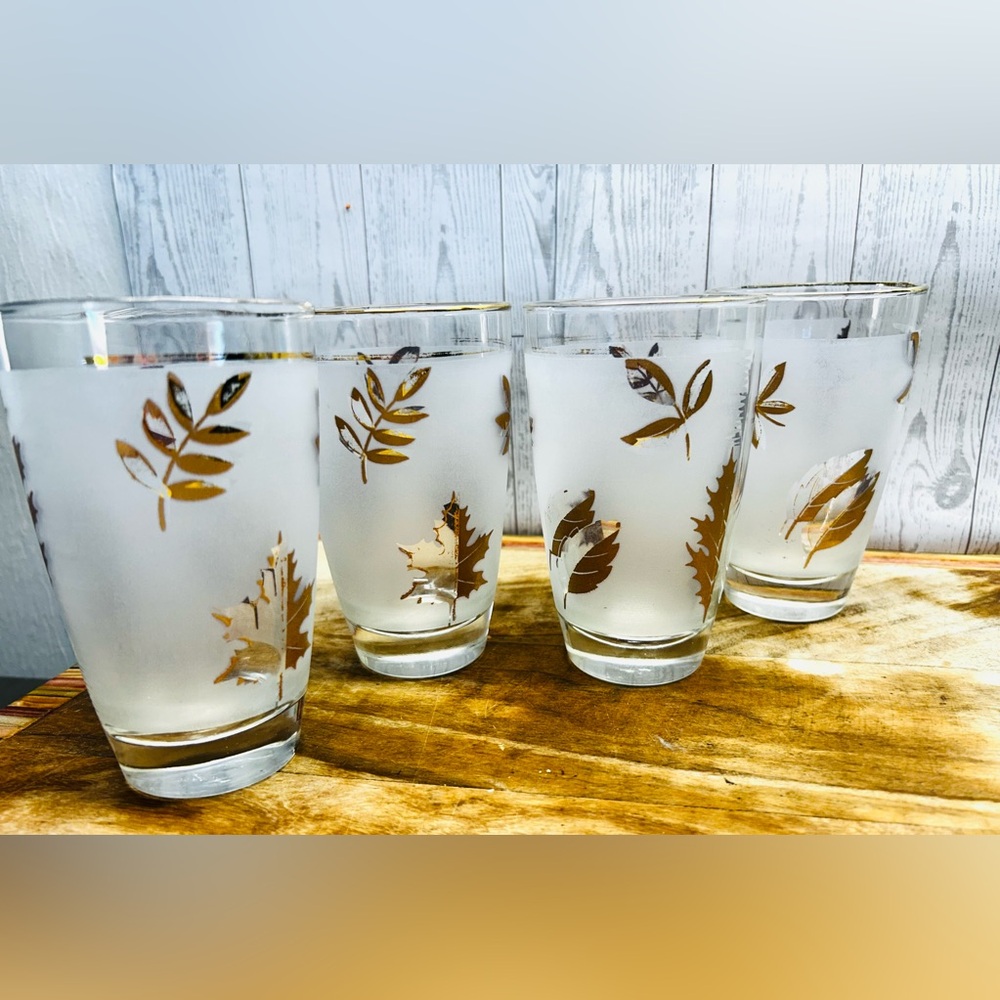 Vintage 60s Libby Frosted Gold Leaf Tumblers Glass set of 4